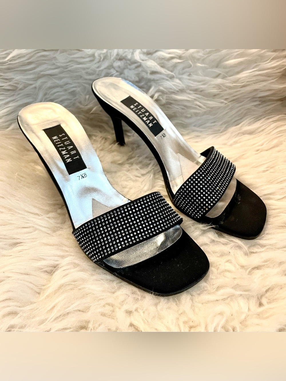 Stuart Weitzman Black Peau de Soie Mules Heels w/Crystal 7.5